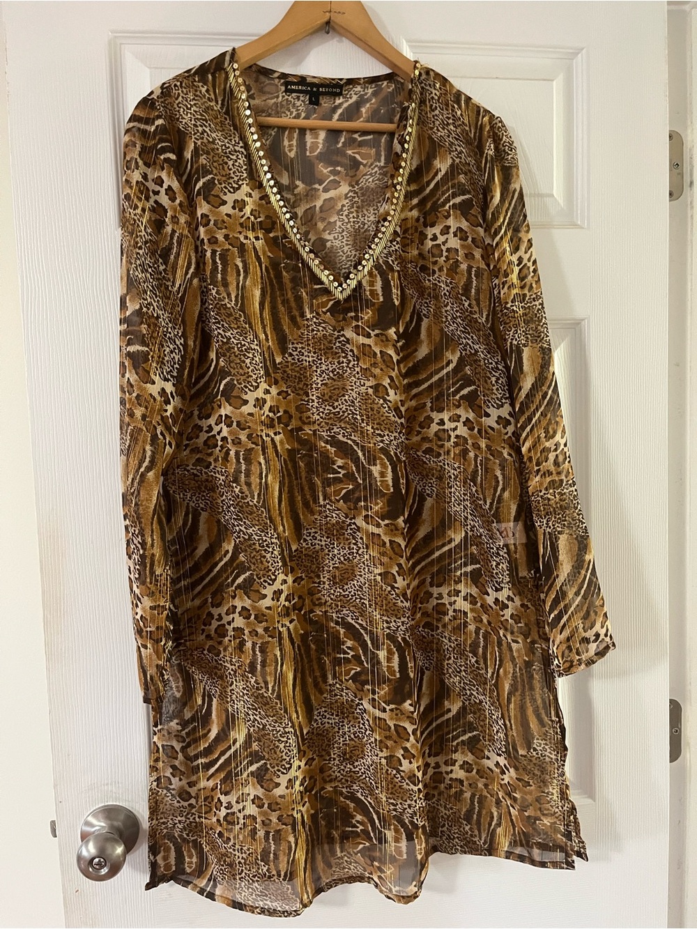 Animal Print V-Neck Swim Coverup with Beaded Trim - Brown